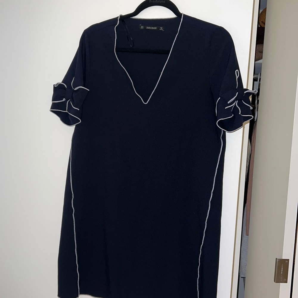 Zara Basic Navy Blue Dress with White Trim and Bows - Medium